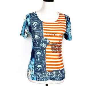 Vintage Y2K Graphic Americana Short Sleeve Mesh Top  Sz M